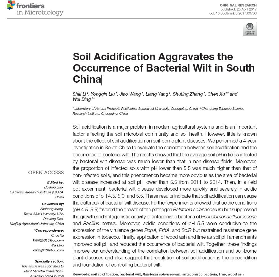 Soil Acidification Aggravates the Occurrence of Bacterial Wilt in South China