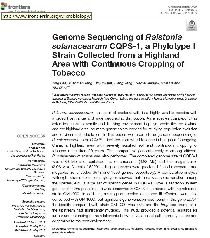 Genome Sequencing of Ralstonia solanacearum CQPS-1, a Phylotype I Strain Collected from a Highland Area with Continuous Cropping of Tobacco