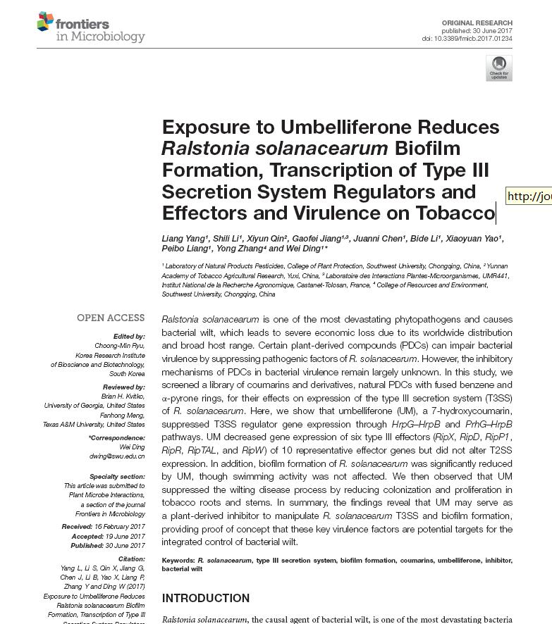 Exposure to Umbelliferone Reduces Ralstonia solanacearum Biofilm Formation, Transcription of Type III Secretion System Regulators and Effectors and Virulence on Tobacco