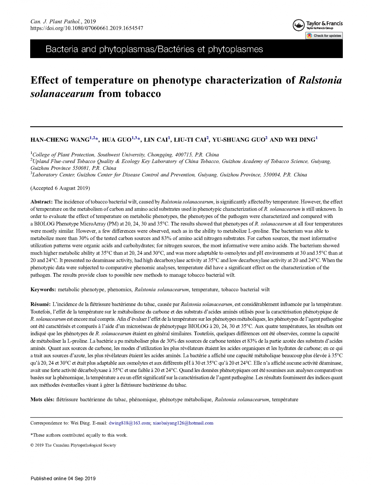 Effect of temperature on phenotype characterization of Ralstonia solanacearum from tobacco