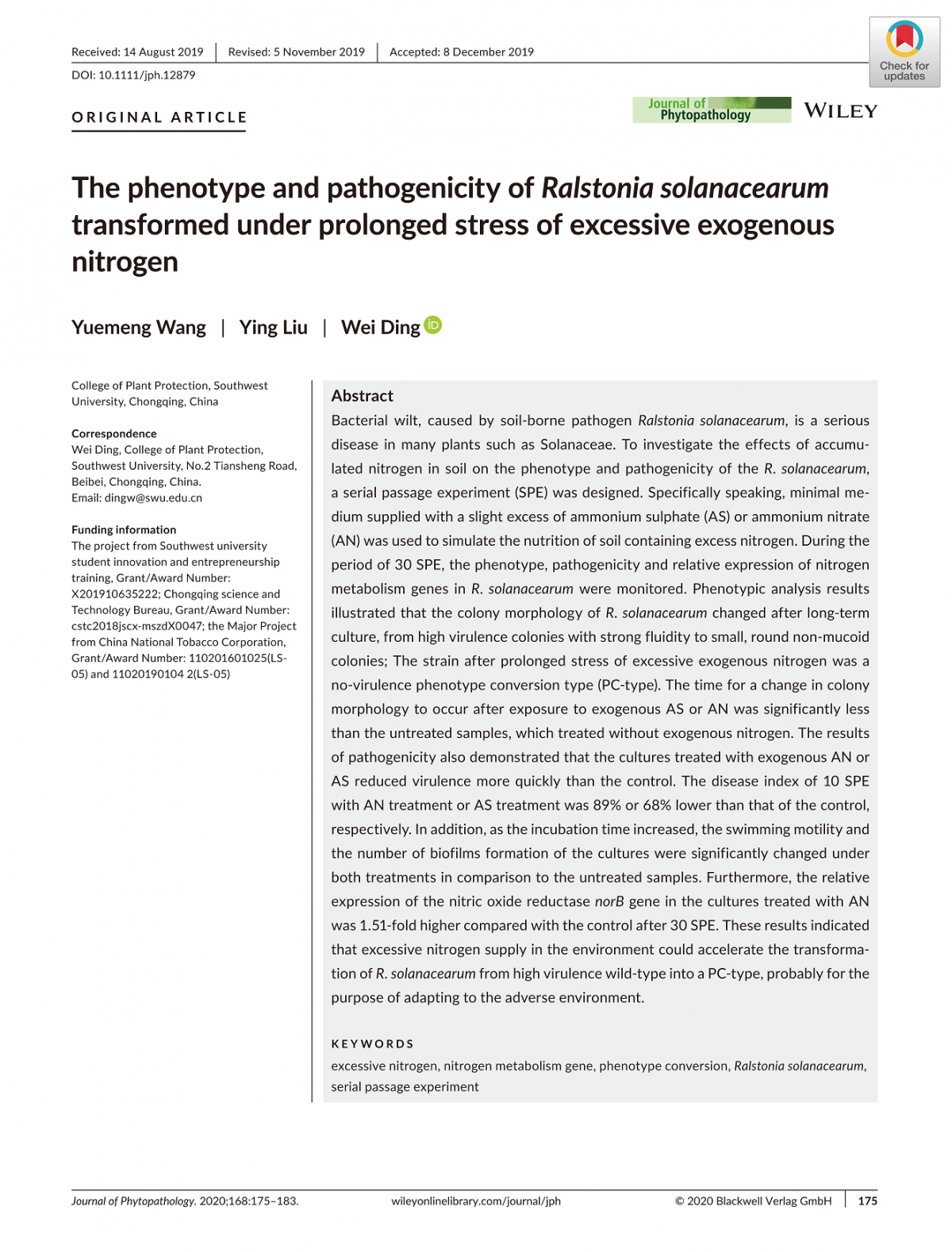 The phenotype and pathogenicity of Ralstonia solanacearum transformed under prolonged stress of excessive exogenous nitrogen