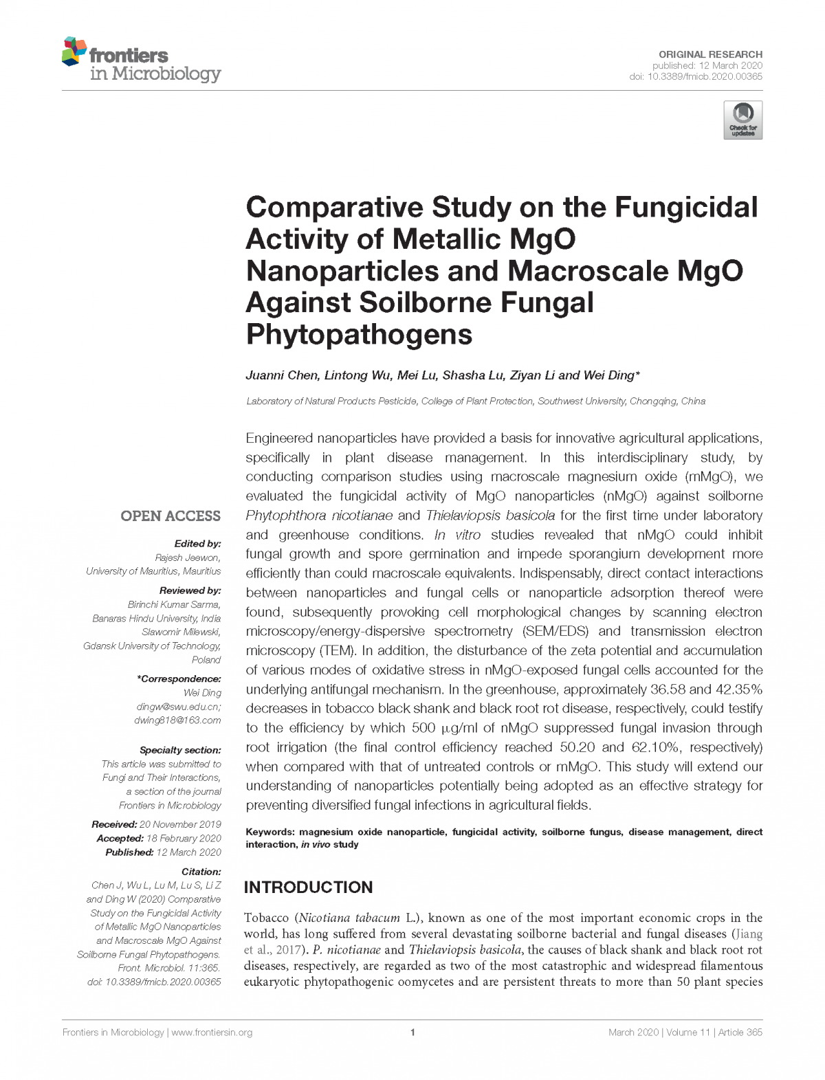 Comparative Study on the Fungicidal Activity of Metallic MgO Nanoparticles and Macroscale MgO Against 