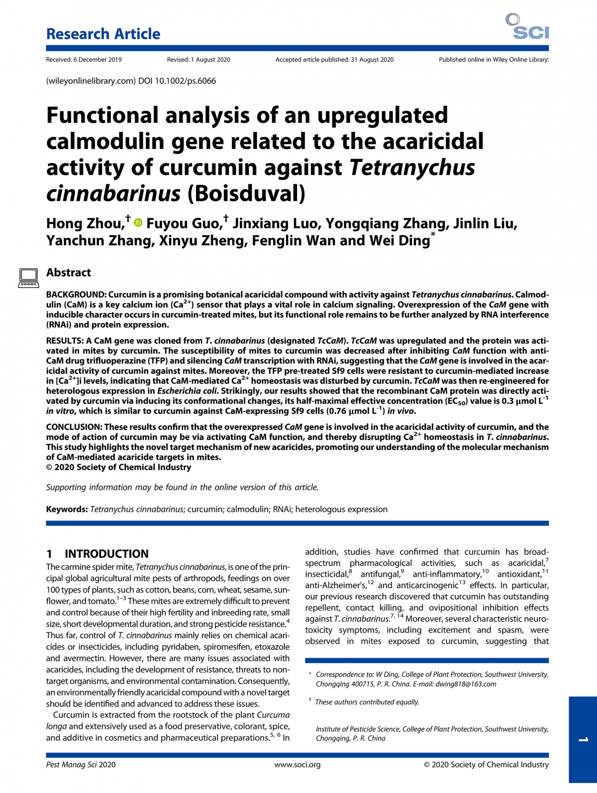 Functional analysis of an upregulated calmodulin gene related to the acaricidal activity of curcumin against Tetranychus cinnabarinus (Boisduval)