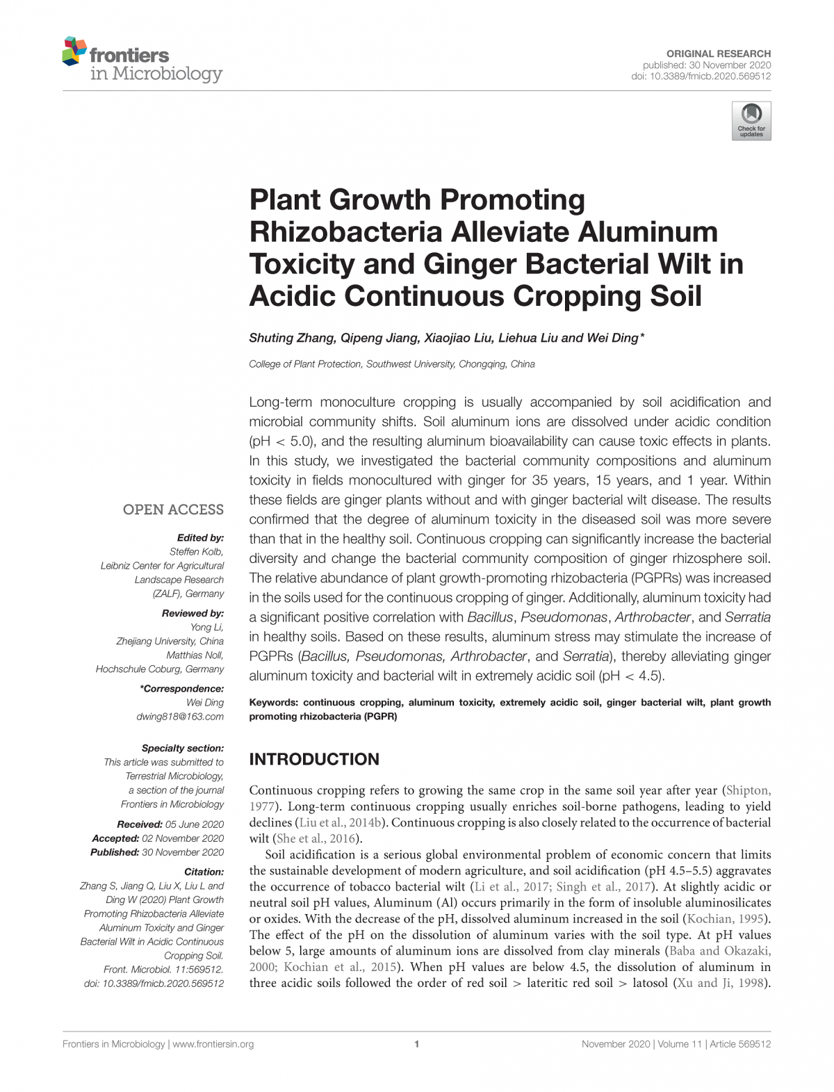 Plant Growth Promoting Rhizobacteria Alleviate Aluminum Toxicity and Ginger Bacterial Wilt in Acidic Continuous Cropping Soil