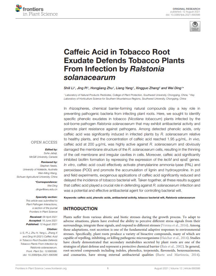 Caffeic Acid in Tobacco Root Exudate Defends Tobacco Plants From Infection by Ralstonia solanacearum