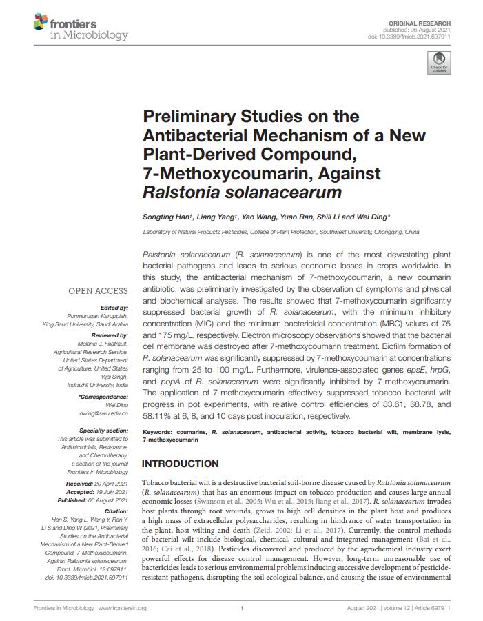 Preliminary Studies on the Antibacterial Mechanism of a New Plant-Derived Compound, 7-Methoxycoumarin, Against Ralstonia solanacearum