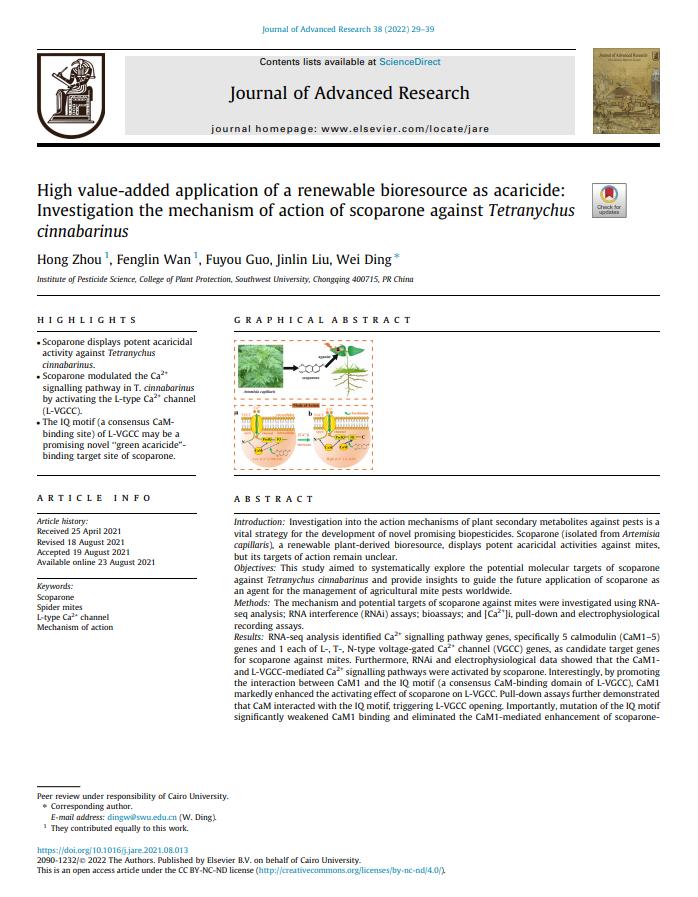  High value-added application of a renewable bioresource as acaricide: investigation the mechanism of action of scoparone against Tetranychus cinnabarinus