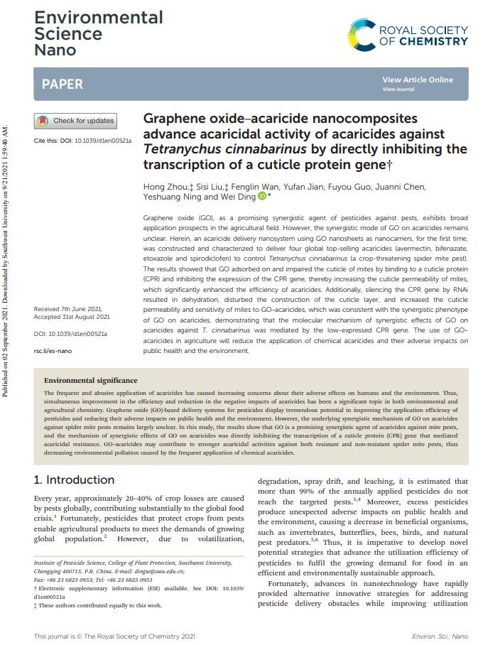 Graphene oxide–acaricide nanocomposites advance acaricidal activity of acaricides against Tetranychus cinnabarinus by directly inhibiting the transcription of a cuticle protein gene