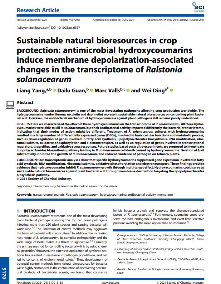 Sustainable natural bioresources in crop protection: antimicrobial hydroxycoumarins induce membrane depolarization-associated changes in the transcriptome of Ralstonia solanacearum