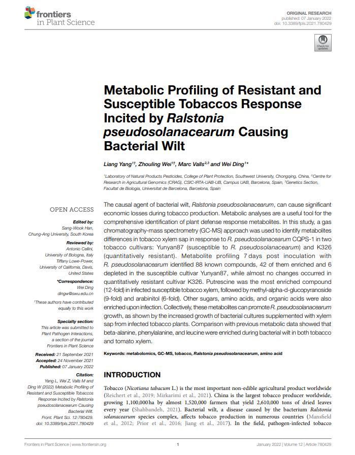 Metabolic Profiling of Resistant and Susceptible Tobaccos Response Incited by Ralstonia pseudosolanacearum Causing Bacterial Wilt