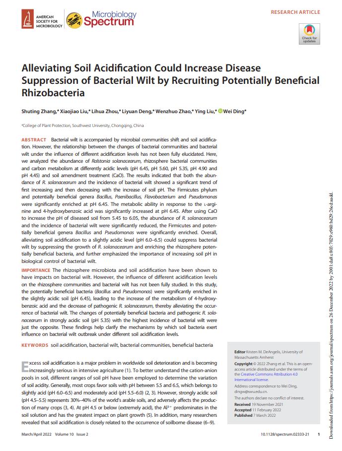 Alleviating soil acidification could increase disease suppression of bacterial wilt by recruiting potentially beneficial rhizobacteria