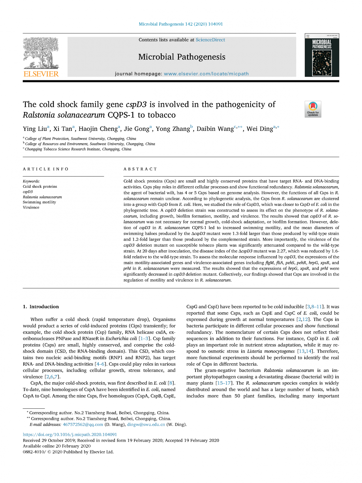 The cold shock family gene cspD3 is involved in the pathogenicity of Ralstonia solanacearum CQPS-1 to tobacco_页面_1.png