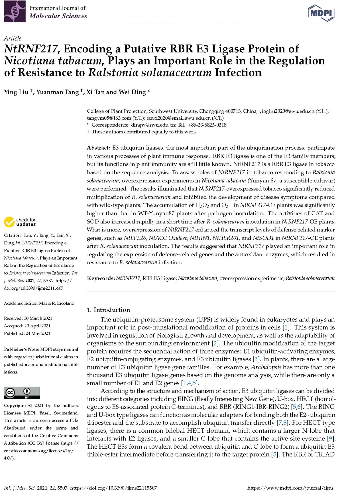 NtRNF217, Encoding a Putative RBR E3 Ligase Protein of Nicotiana tabacum, Plays an Important Role in the Regulation of Resistance to Ralstonia solanacearum Infection.jpg